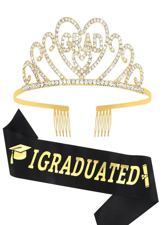CAVETEE Graduation Crown and Sash Set, Gold 'I Graduated' 2024 Congratulations Party Decorations, Women's Grad Tiara and Sash, 2024 Grad Cap Decorations - Image 1
